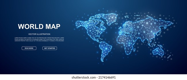 World Map 3d low poly symbol with connected dots for blue landing page. Geography design illustration concept. Polygonal Earth planet illustration