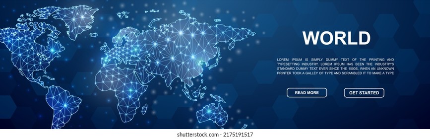 World Map 3d low poly symbol for head promotion banner. Geography design illustration concept. Horizontal polygonal Earth planet poster illustration