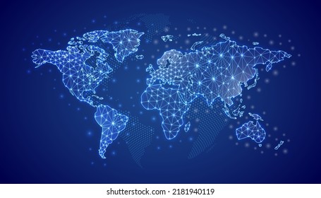 World Map 3d low poly symbol with blue world map background. Travel concept design illustration. Earth planet polygonal symbol with connected dots