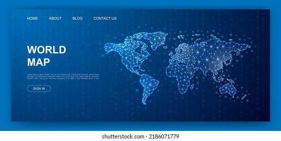 World Map 3d polygonal website template. Travel design illustration concept. Low poly Earth planet symbol for homepage, promotion banner design.