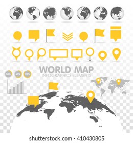 World map 3D with set of info graphics elements. Design information, business graph and chart. Vector illustration. Transparent background