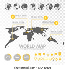 World map 3D with set of info graphics elements. Design information, business graph and chart. Vector illustration. Transparent background