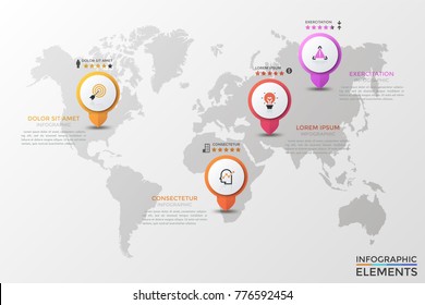 World Map With 4 Circular Location Pins, Thin Line Icons Inside Them, 5 Star Rating Indication. Infographic Design Template. Concept Of Best Places And Destinations For Tourists. Vector Illustration.