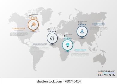 World Map With 4 Round Location Marks, Thin Line Symbols Inside Them, 5 Star Review Ranking And Text Boxes. Infographic Design Template. Concept Of Tourist Overview And Rating. Vector Illustration.