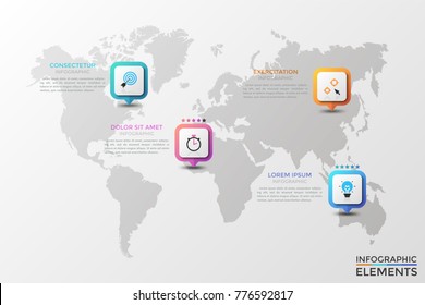 World map with 4 square colorful location marks, five star rating, thin line pictograms and text boxes. Infographic design template. Concept of tourism quality ranking. Modern vector illustration.