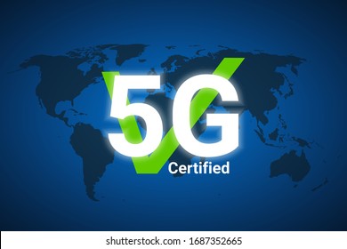World map with 5G certified text, blue background. Vector illustration.