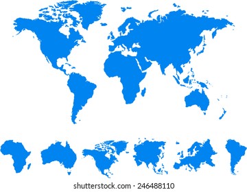 World Map 6 continents Vector on white background 