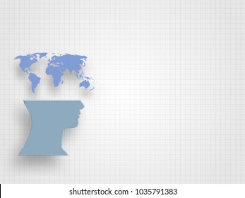World map above human head model on grid background represent new idea and innovation concept. Technology Background.  Concept of travelling around the world. Vector illustration.
