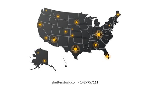 world map with abstract epicenters of cyber attacks or disasters. concept of warning of international influence. simple flat style trend modern graphic design isolated on white background