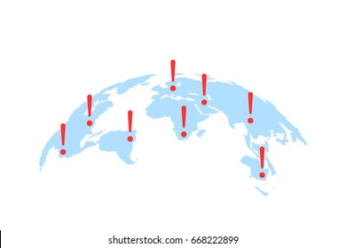 world map with abstract epicenters of cyber attacks or disasters. concept of warning sign of international terrorism. simple flat style trend modern logo graphic design isolated on white background