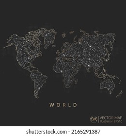 World map abstract geometric mesh polygonal light concept with black and white glowing contour lines countries and dots on dark background. Vector illustration.