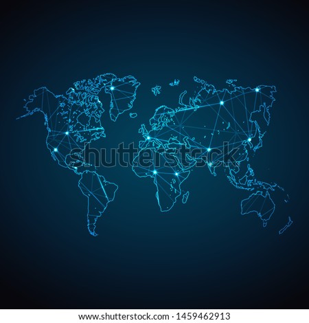World Map - Abstract geometric mesh polygonal network line, structure and point scales on dark background with lights in the form of cities. Vector illustration eps 10.