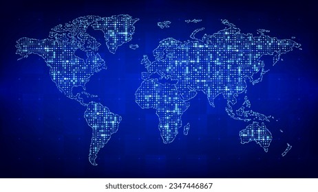 Weltkarte. Abstrakte Karte des Planeten, erstellt mit Binärcode. Globale Netzwerkverbindung. Futuristischer Hintergrund mit Karte des Planeten Erde. Digitale Binärdaten und digitaler Streaming-Code. Vektorgrafik.