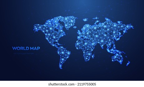 World map. Abstract polygonal map of planet. Global network connection. Low poly design. Blue futuristic background with map of planet Earth. Internet and technology communication. Vector illustration