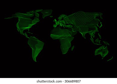 World map. Abstract vintage computer graphic of green hologram lines. Polygonal card global geography, connect, continent and planet. Glowing patterned vector illustration of illuminating curve graph.