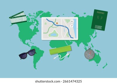 mapa do mundo com acessórios para se preparar para uma viagem