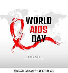 World map. Aids Day concept modern brush banner. 1 december Aids Awareness. Red Ribbon. Calligraphy Poster Design. Creative vector illustration