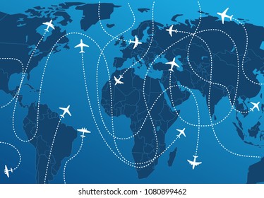 World map with aircraft paths vector illustration