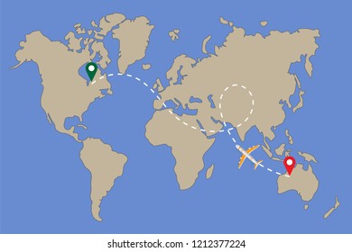 World map with aircraft and its track isolated on blue background. Vector illustration.