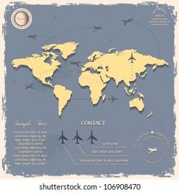 World map with aircrafts for design in vintage style. Vector eps10