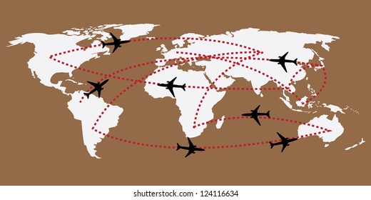 World map of airline airplane flight path travel plans.