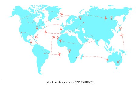 World map with airline routes. Silhouette of world map with icons of airplanes. International flights. Dotted line air path. Vector illustration