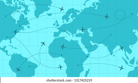 World map with airline routes, silhouette of world map with icons of airplanes, international flights, dotted line air path. Vector illustration