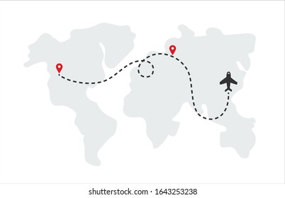 Mapa mundial con avión, rutas de vuelo y pines. Ilustración del vector 