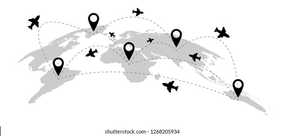 World map and airplane icon with tracking target to destination with location symbol in black and isolated on white background
