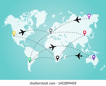 World map with airplane line path. Travel concept