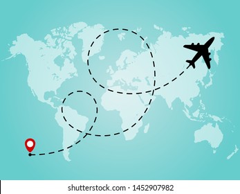 World map with airplane line path. Travel concept