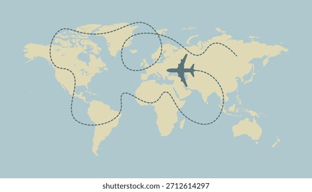 World Map with Airplane Route – Global Travel Concept, Flight Path Illustration for Tourism and Adventure