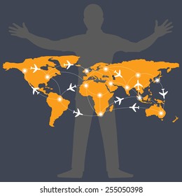 World map with airplane route infographic