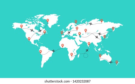 World map with airplane trace illustration. Blank planet Earth map with aircraft isolated on turquoise background. Template for website, design, cover, infographic.
