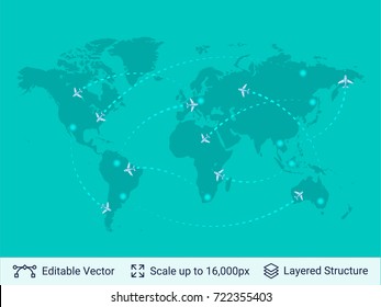 World map and airplanes. International and intercontinental air flights on map. Vector template easy to edit.