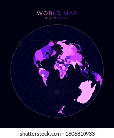World Map. Airy's minimum-error azimuthal projection. Digital world illustration. Bright pink neon colors on dark background. Amazing vector illustration.