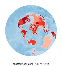 World map in Airy's minimum-error azimuthal projection, featuring red continents and a blue ocean. Vector illustration.