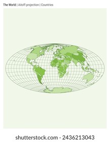 Mapa del Mundo. Proyección Aitoff. Estilo de países. Mapa del mundo de alta precisión para infografías, educación, informes, presentaciones. Ilustración vectorial.