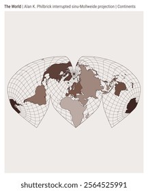 World Map. Alan K. Philbrick interrupted sinu-Mollweide projection. Continents style. High Detail World map for infographics, education, reports, presentations. Vector illustration.