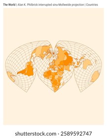 World Map. Alan K. Philbrick interrupted sinu-Mollweide projection. Countries style. High Detail World map for infographics, education, reports, presentations. Vector illustration.