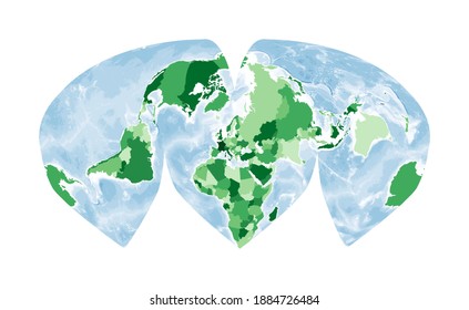 World Map. Alan K. Philbrick's interrupted sinu-Mollweide projection. World in green colors with blue ocean. Vector illustration.