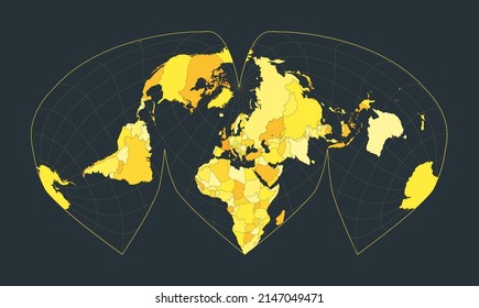 World Map. Alan K. Philbrick's interrupted sinu-Mollweide projection. Futuristic world illustration for your infographic. Bright yellow country colors. Modern vector illustration.