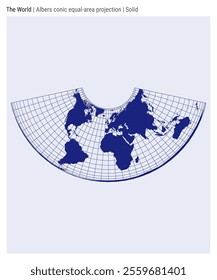 World Map. Albers conic equal-area projection. Solid style. High Detail World map for infographics, education, reports, presentations. Vector illustration.