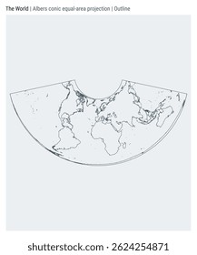 World Map. Albers conic equal-area projection. Outline style. High Detail World map for infographics, education, reports, presentations. Vector illustration.