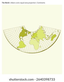 World Map. Albers conic equal-area projection. Continents style. High Detail World map for infographics, education, reports, presentations. Vector illustration.