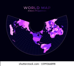 World Map. Albers equal-area conic projection. Digital world illustration. Bright pink neon colors on dark background. Artistic vector illustration.
