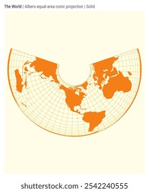 Mapa mundial. Proyección cónica de igual área de Albers. Estilo sólido. Mapa mundial de alto detalle para infografías, educación, informes, presentaciones. Ilustración vectorial.