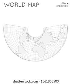 World map in Albers projection with graticule lines, outlined vector illustration.