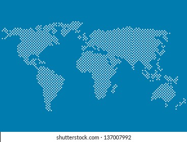 world map with all continents made of small white dots isolated on blue background