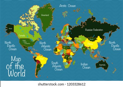world map with all countries, oceans